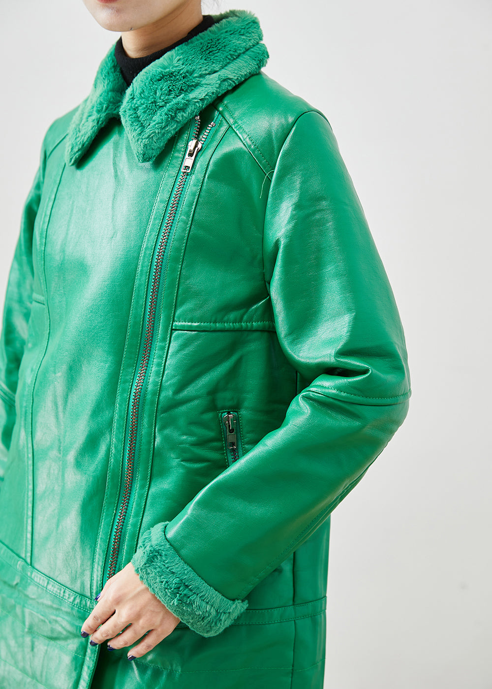 WW | Grüne Zip-Up Patchwork Entenfedern Kunstledermäntel Winter