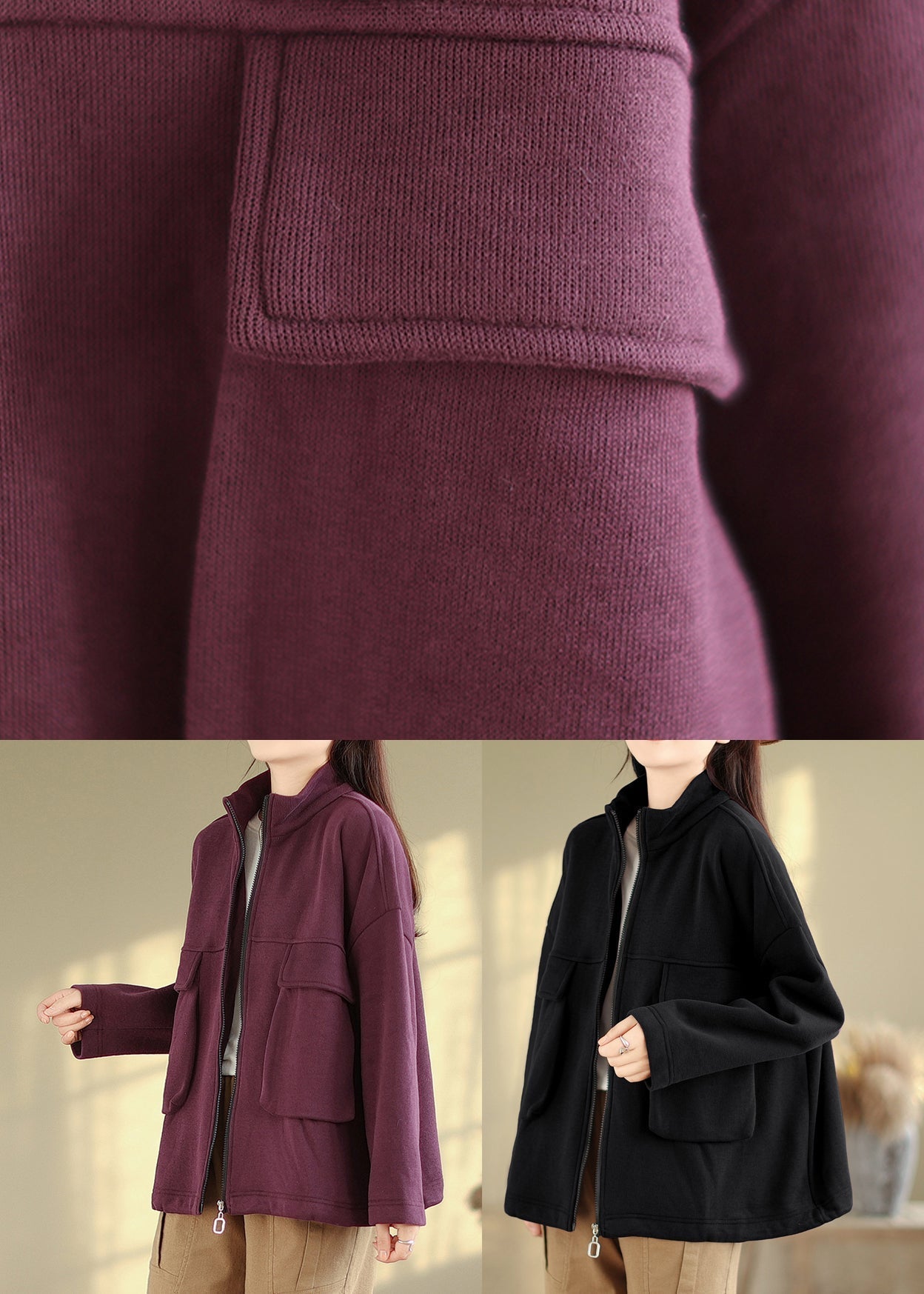 WW | Lila Zip-Up-Taschen Patchwork Warme Fleecejacken