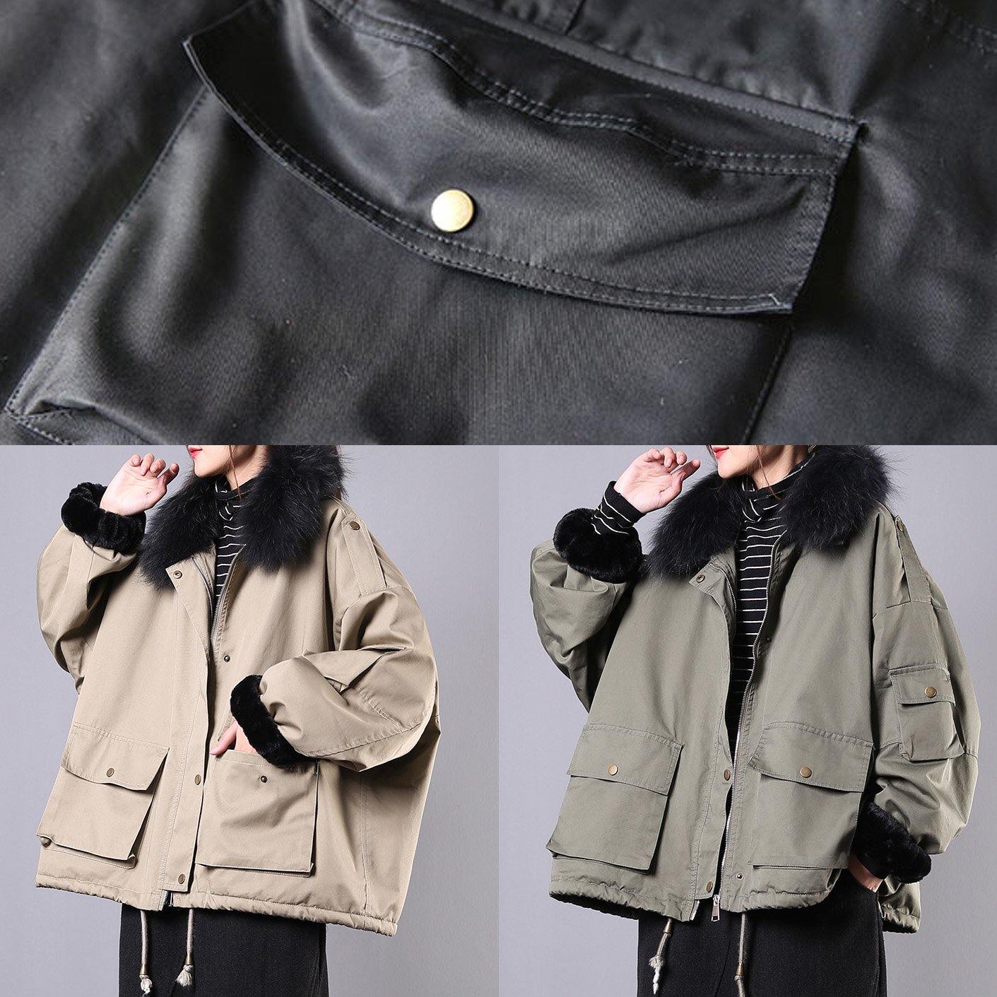 WW | Locker sitzende Schneejacken Taschen Wintermäntel khaki Kunstfellkragen lässiges Outfit