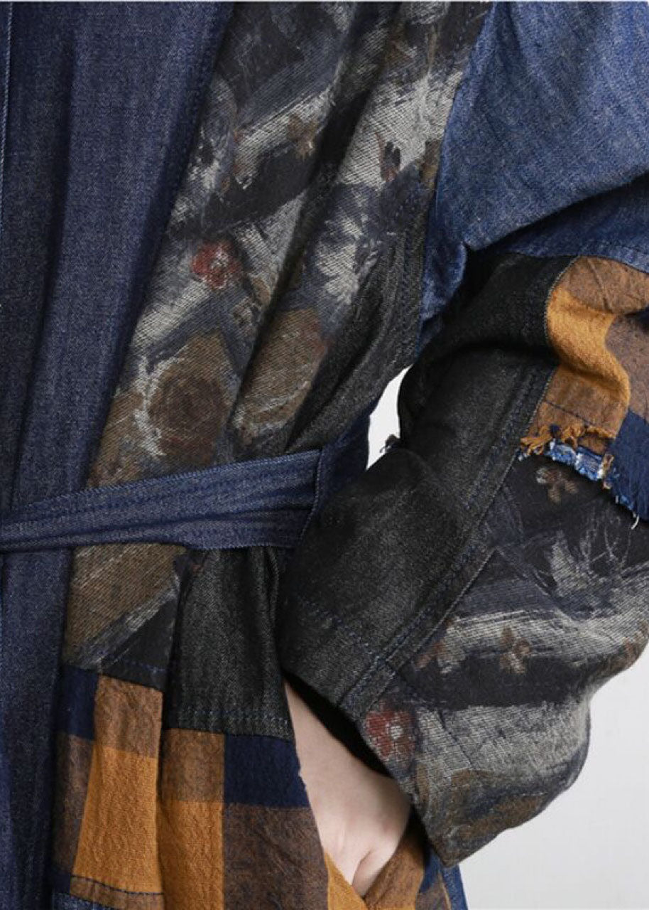 WW | Denim Blue Patchwork Buttoned Waist Trench Coats