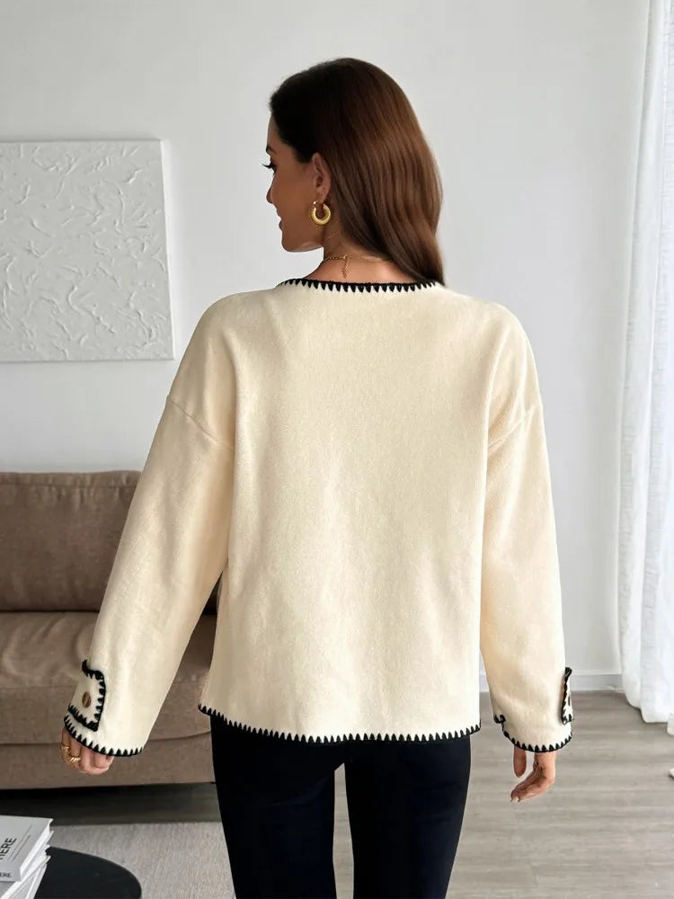 WW | Damen Casual Lockere Strickjacke mit Langen Ärmeln und Kontrastnähten