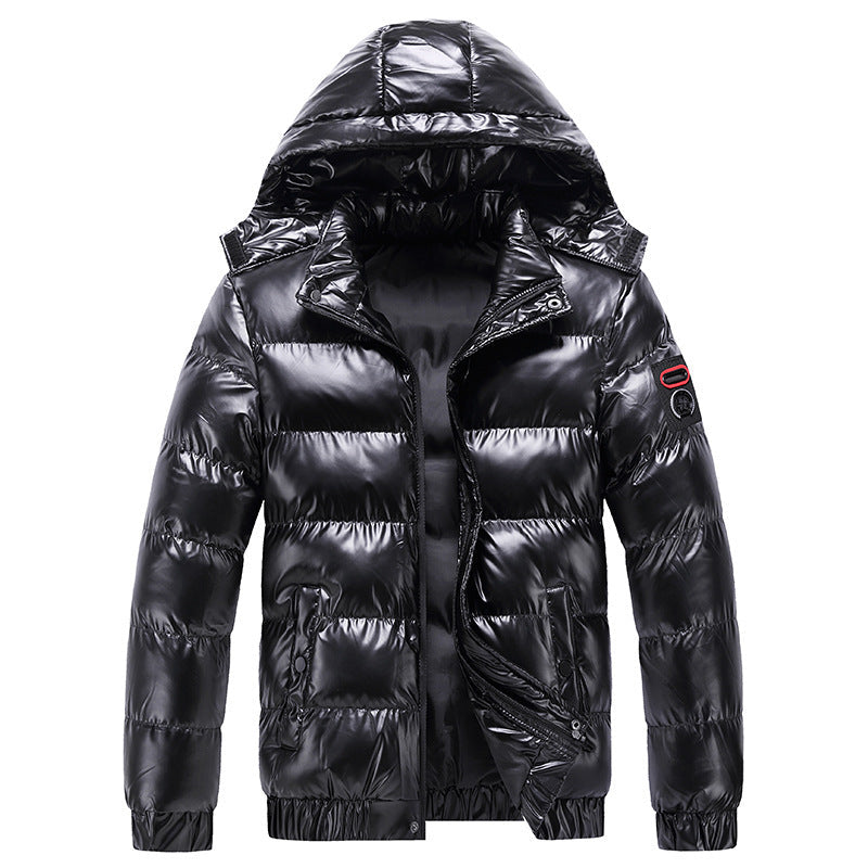 Men's shiny winter jacket with insulated hood and modern quilting details WW