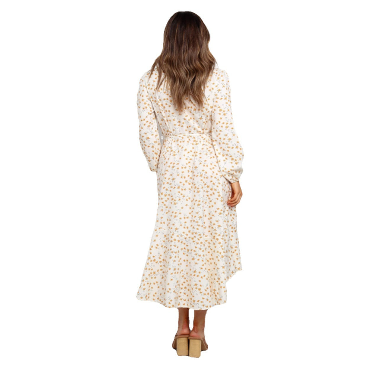 Damen Wickelkleid mit voluminösen Ärmeln und Rüschensaum WW