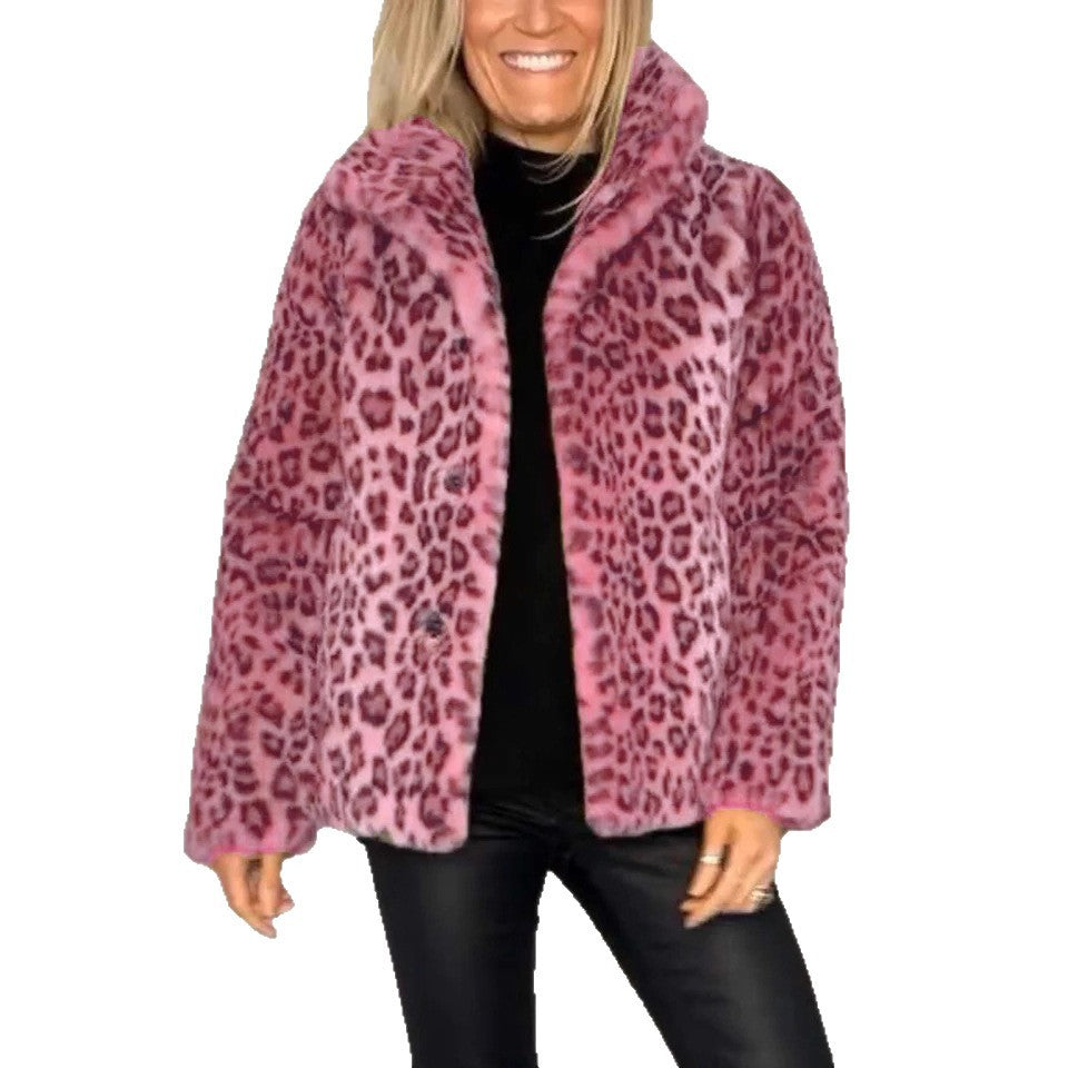 Damen Flauschige Leopardmuster Jacke mit hohem Kragen WW
