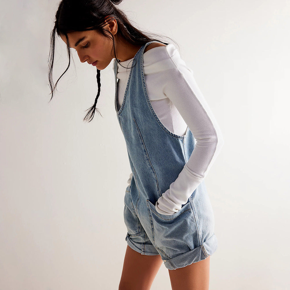 WW | Washed Denim Adjustable Strap Shorts Jumpsuit