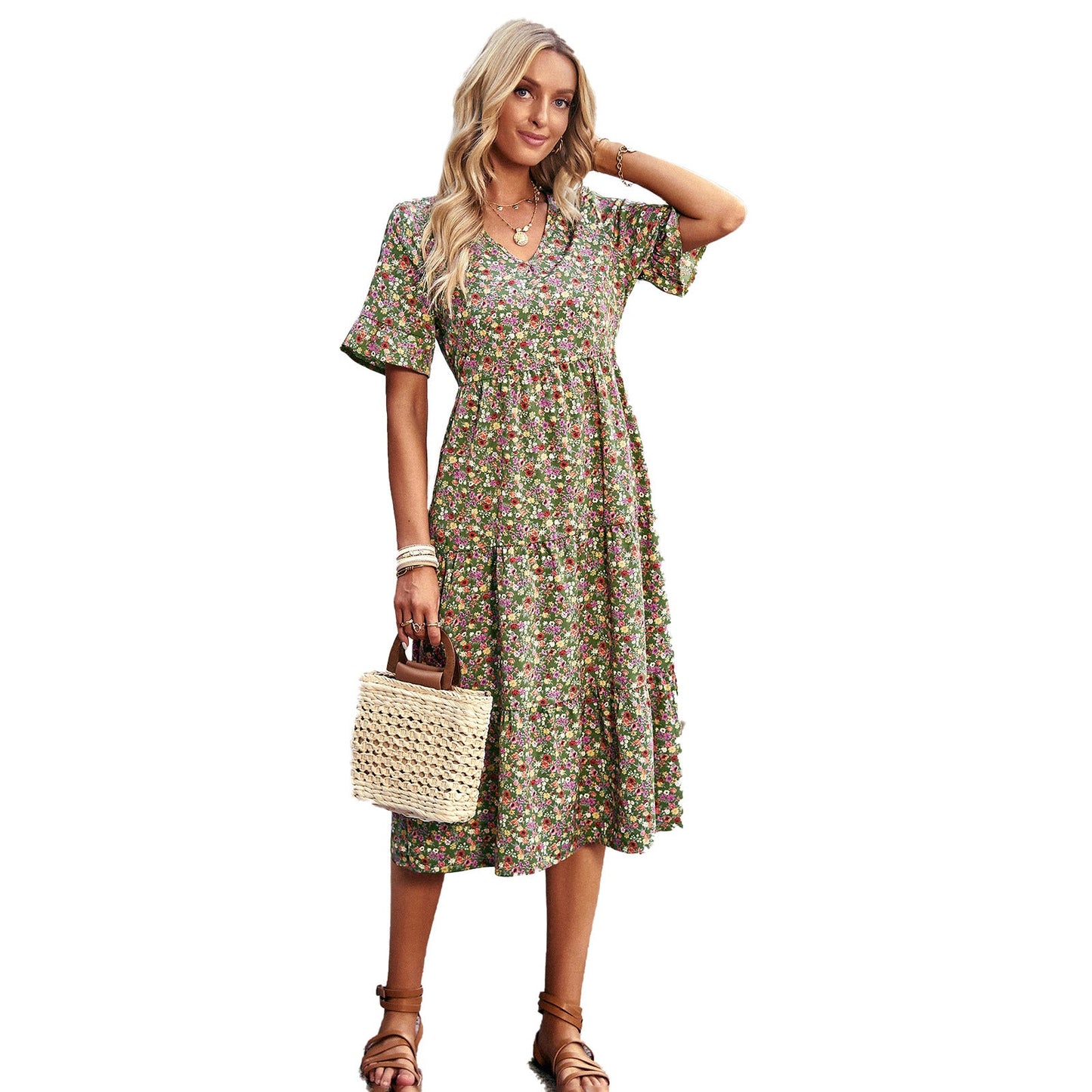 Damen Midi-Kleid mit floralem Muster und verspieltem V-Ausschnitt WW