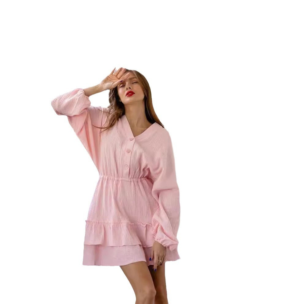 Damen lässiges Babydoll Kleid mit Knopfdetails und voluminösen Ärmeln WW