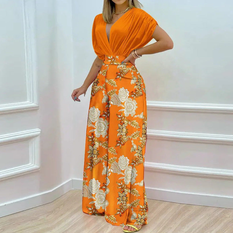 Women's Jumpsuit with Deep V-Neck and Wide Leg WW