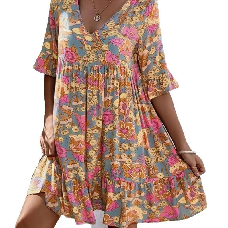 Damen Freizeitkleid mit V-Ausschnitt und fließendem Schnitt WW