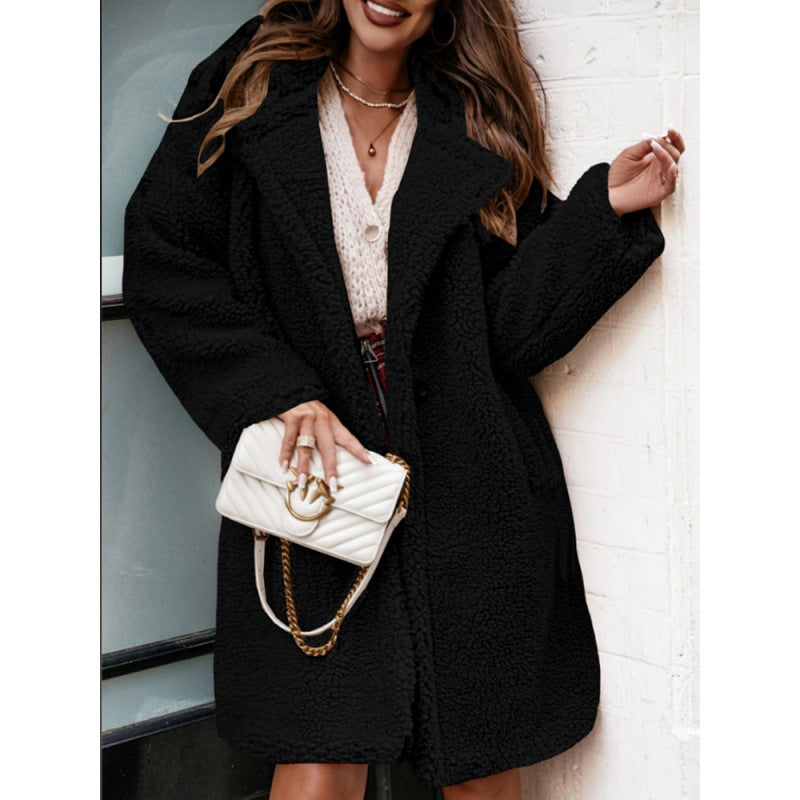 WW | Plush Coat Oversized Fit Mid-length Wide Lapels Long Sleeves