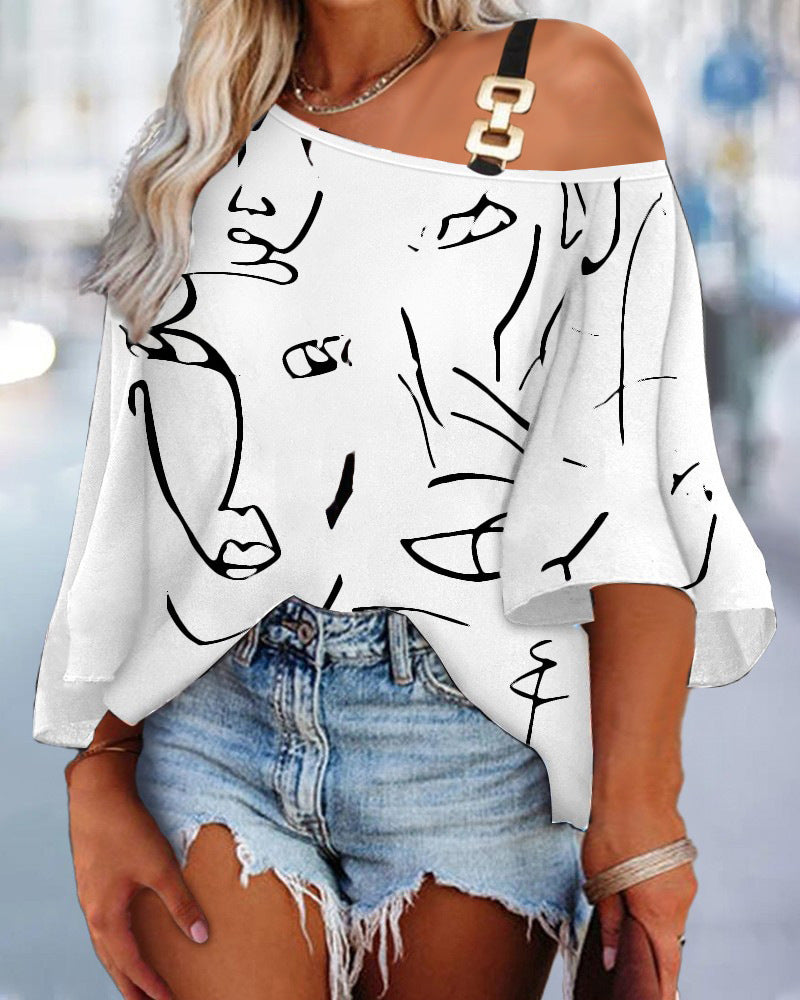 Women's asymmetrical top with a modern pattern mix and trendy shoulder design WW