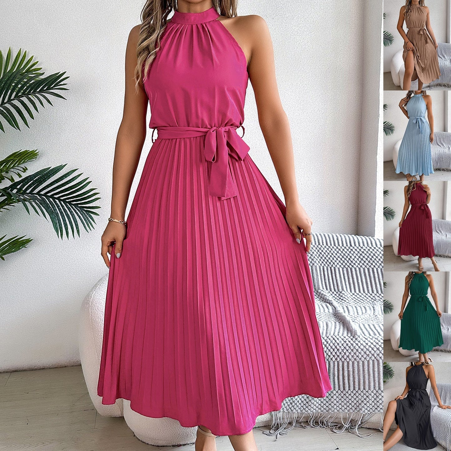WW | Frühling Elegante Stehkragen Taille-betonte Falten Maxi Kleid
