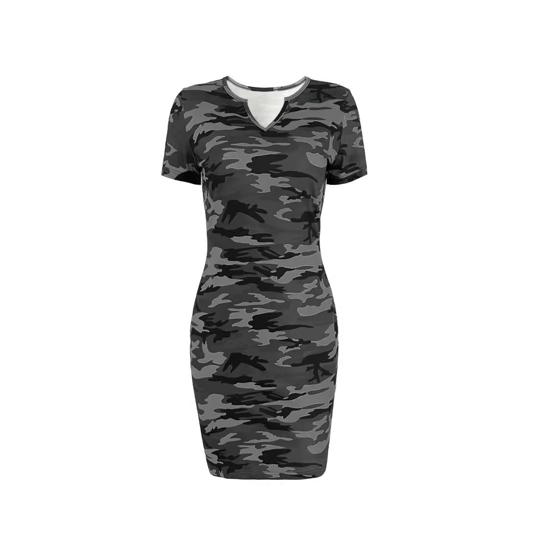 Damen figurbetontes camouflagemuster Kleid mit Kurzarm und V-Ausschnitt WW