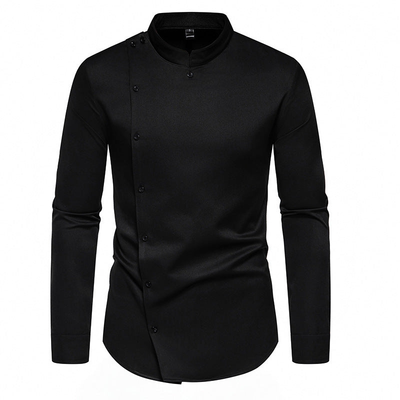 Men's fashionable shirt with asymmetrical button design and elegant stand-up collar WW