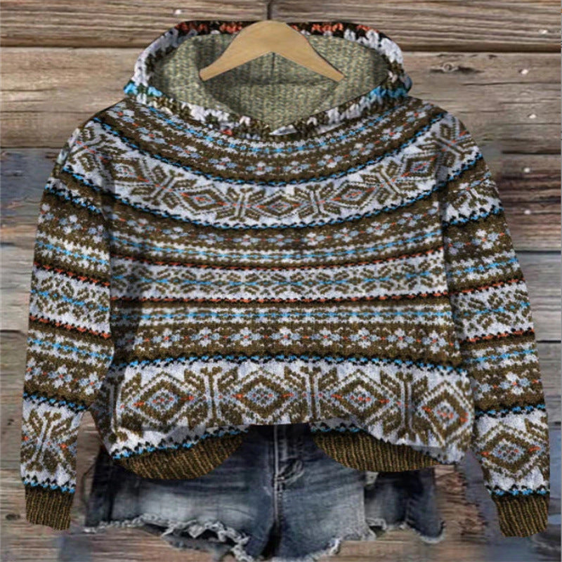 WW | Damen Strickhoodie mit norwegischem Muster und Kapuze