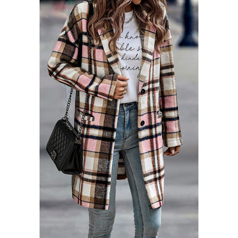 Women's Plaid Long Jacket with Hood and Pockets WW