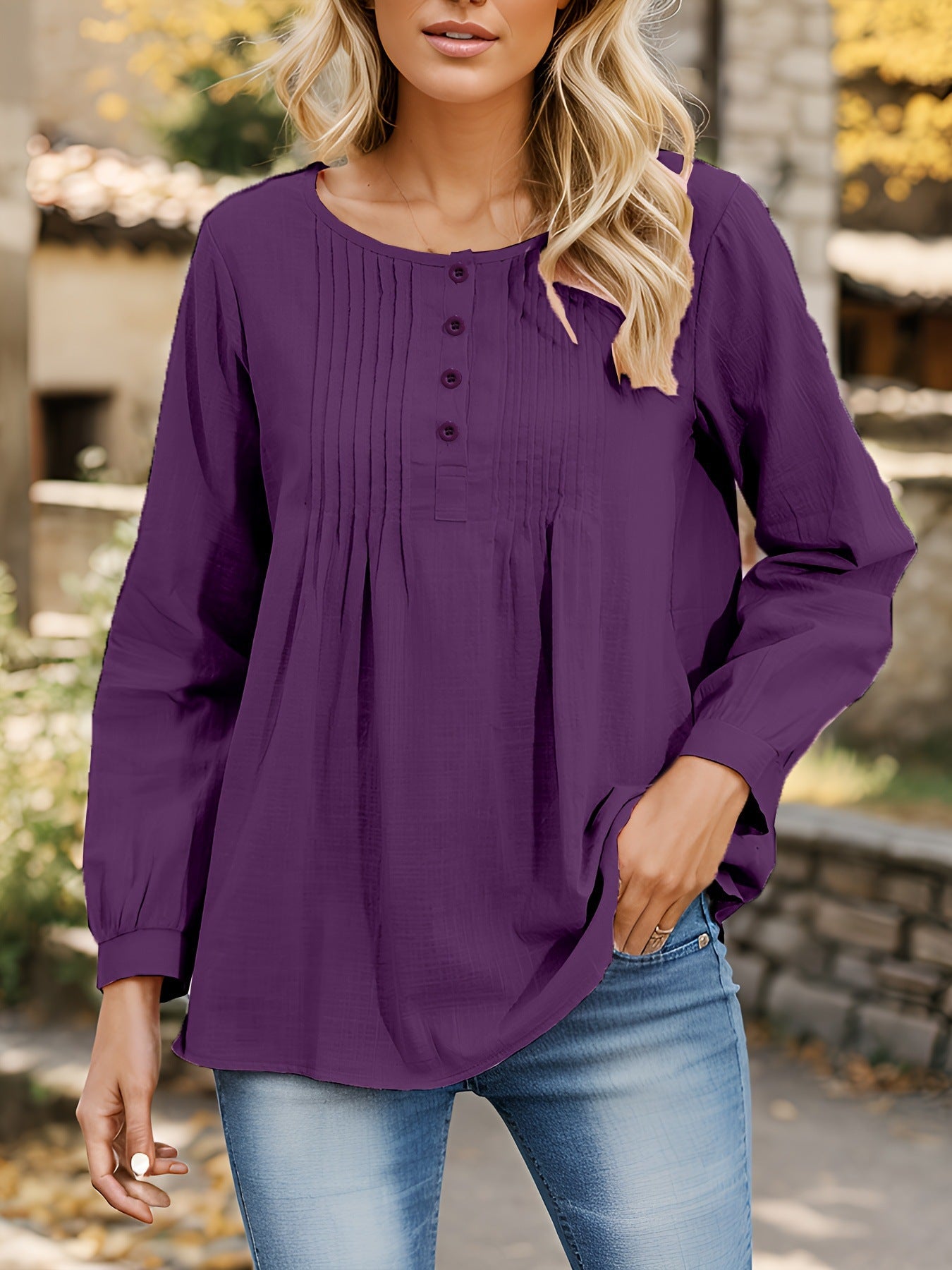 Women's Blouse with Pleats and Button Placket WW