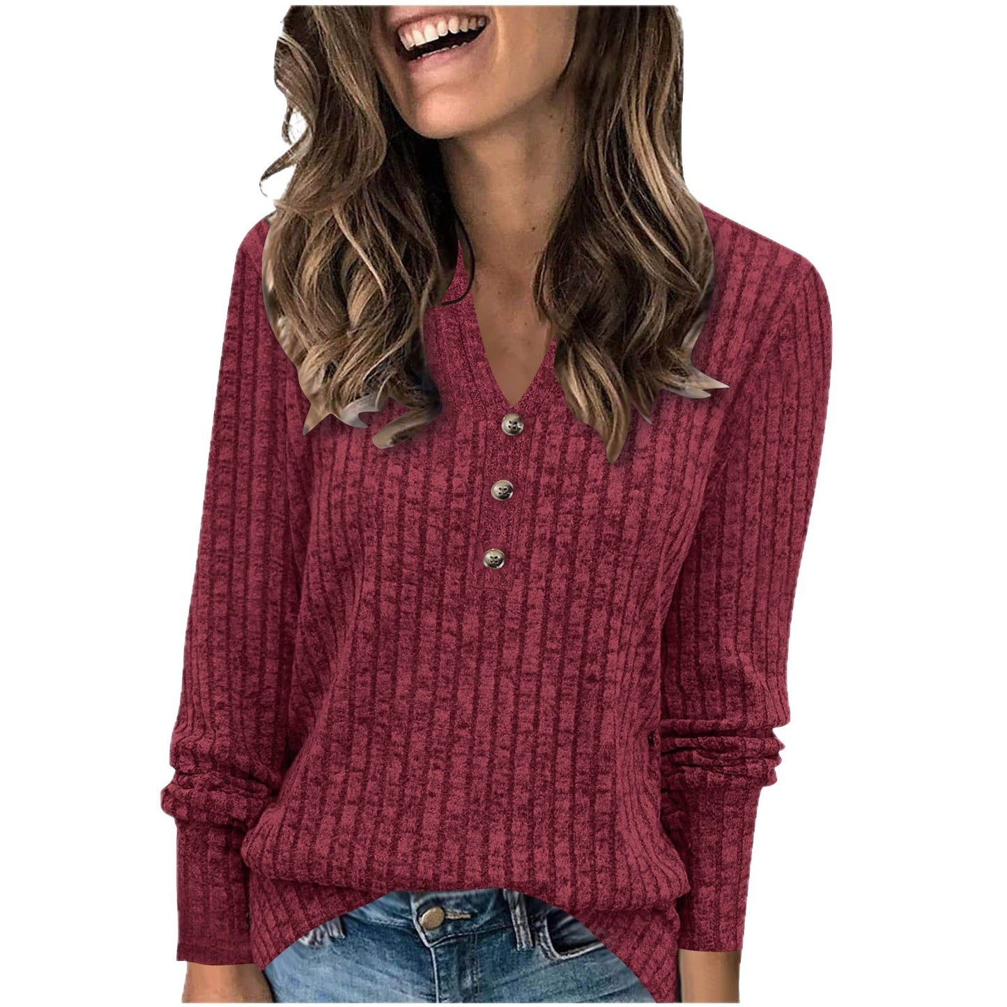 Damen Langärmliges V-Ausschnitt Pulli mit Knopfdetail WW