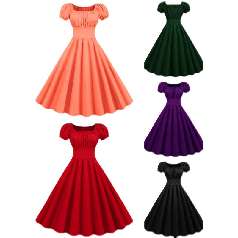 Damen Vintage Kleid mit Puffärmeln und schwingendem Rock WW