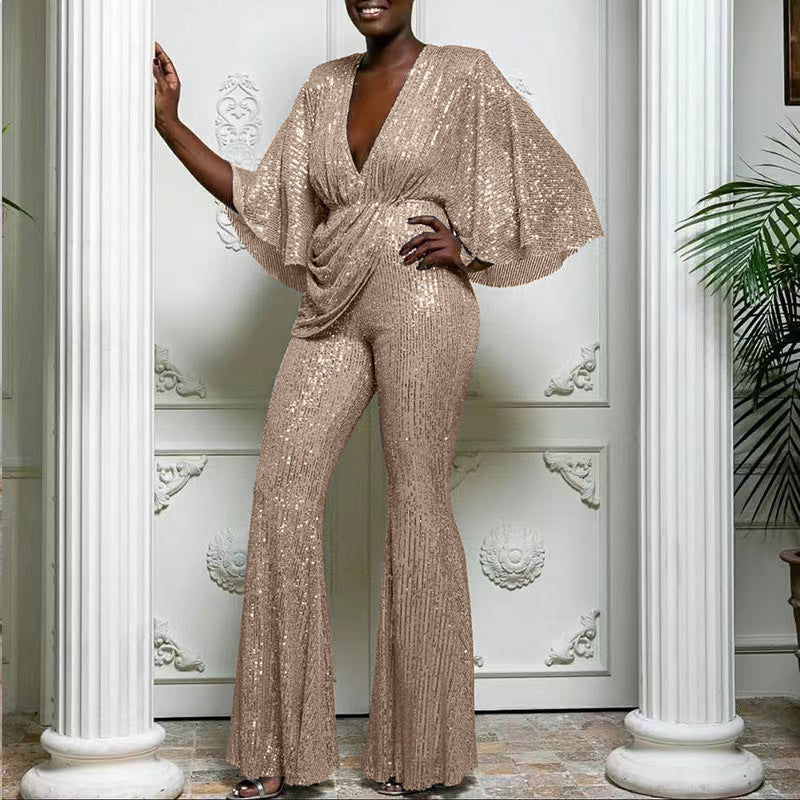 WW | Sequin Deep V Backless Long Jumpsuit