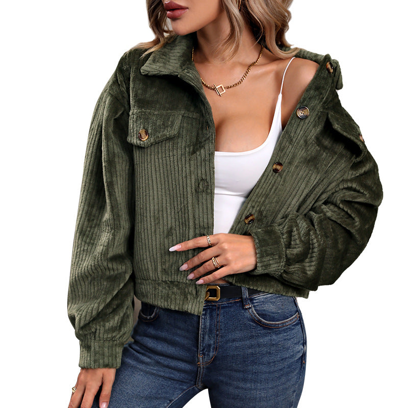 Women's casual corduroy look cardigan with decorative buttons and two chest pockets WW