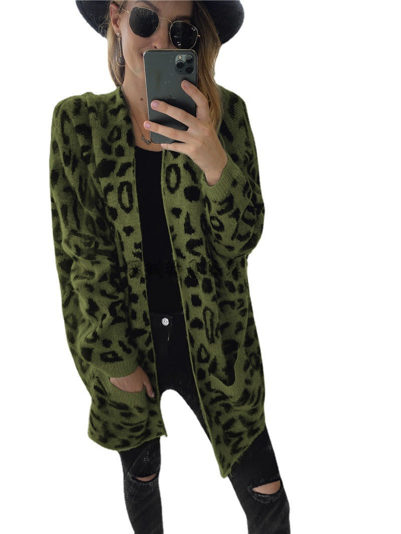 Damen lässiger Strickmantel im Leopardenmuster mit bequemem Schnitt und Taschen WW