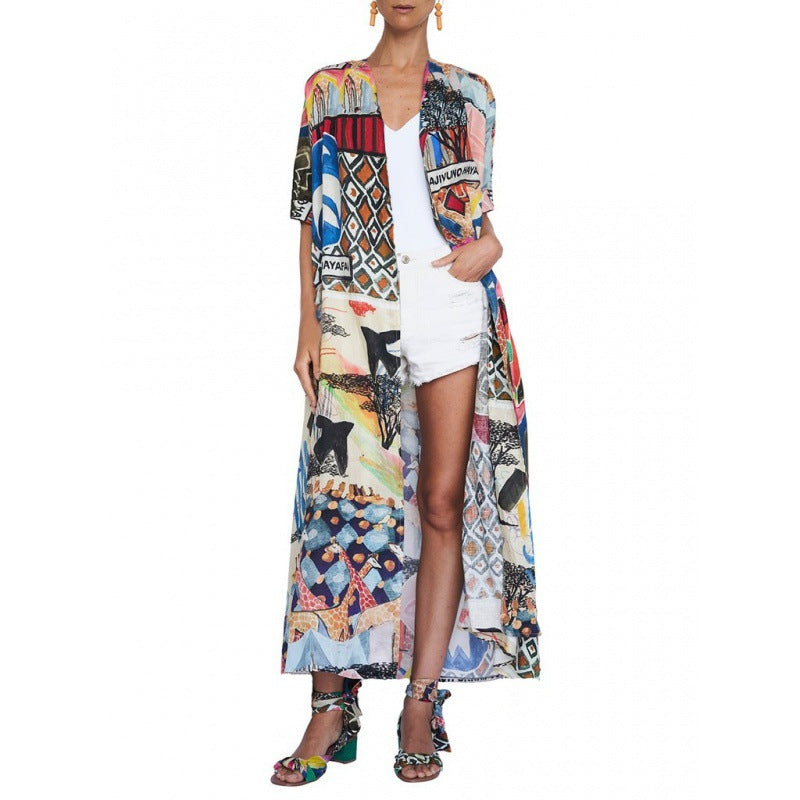 Damen Kimono-Überwurf mit buntem Patchwork-Design und leichtem Stoff WW