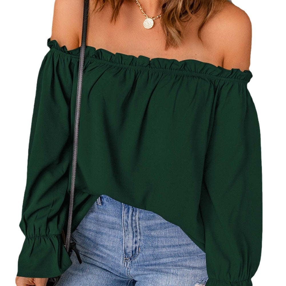 Ladies' Chic Off-Shoulder Top with Ruffle Details and Elastic Cuffs WW