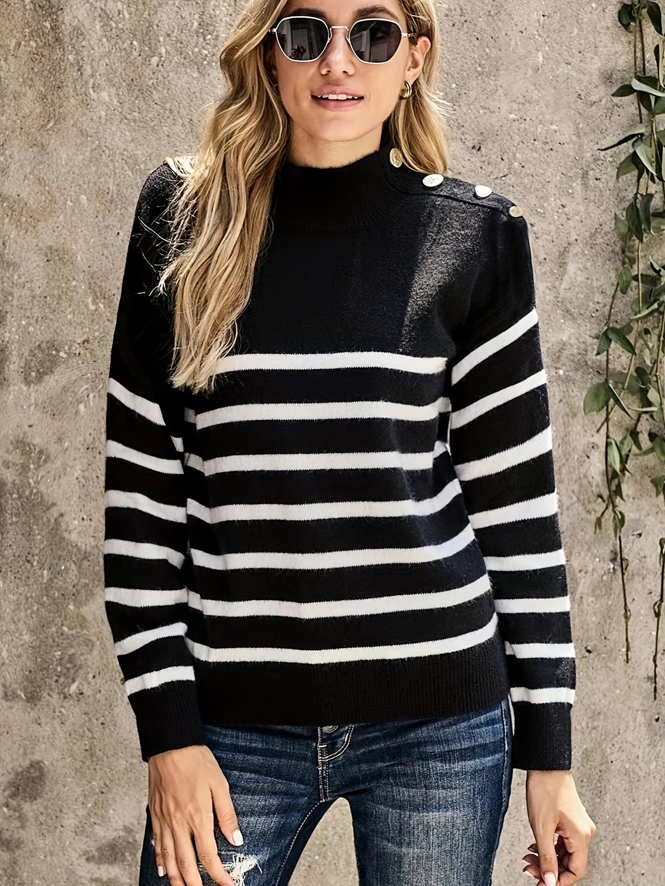 WW | Gestreifter Strickpullover - Mock Neck - Schulterknopf-Akzent - Langarm-Lässige Passform