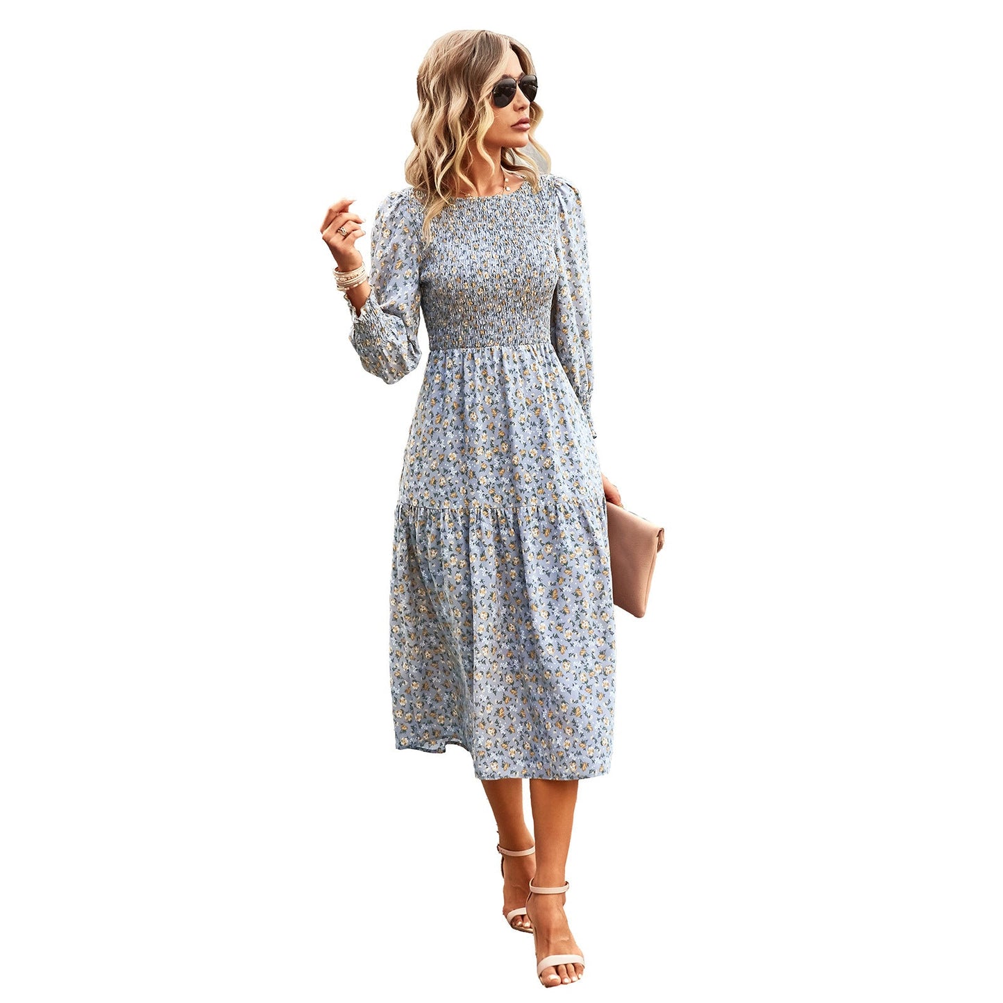 Damen florales Midi-Kleid mit geraffter Taille und langen Ärmeln WW