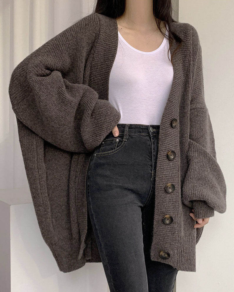 WW V-Ausschnitt einreihig lockerer Laternenärmel Strickcardigan