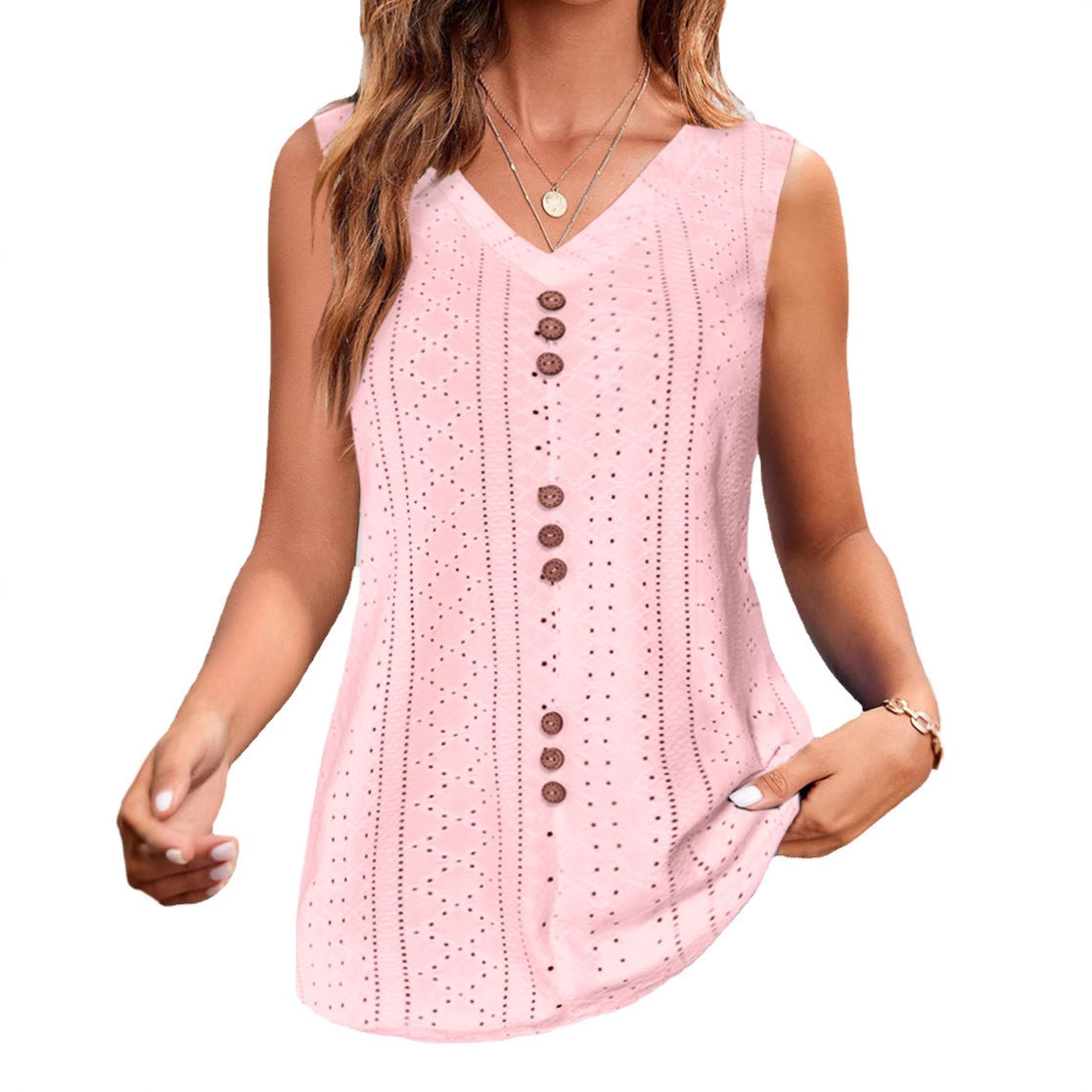 Damen ärmelloses Blusenshirt mit filigranem Lochmuster und Knopfleiste WW