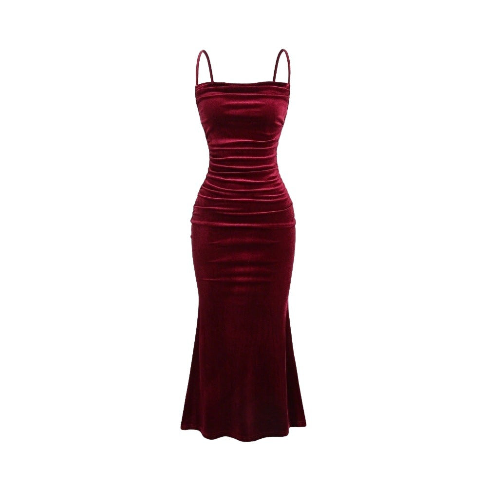 Damen Elegantes Samt-Maxi-Kleid mit figurbetontem Schnitt und raffinierten Raffungseffekten W&W