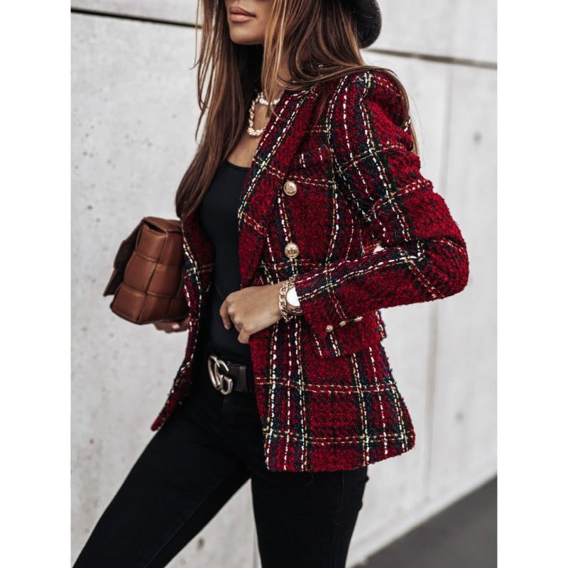 Damen Karierter Blazer mit goldenen Knöpfen und strukturiertem Gewebe WW