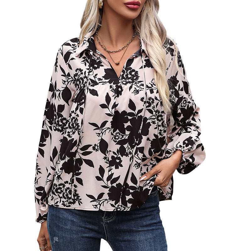 Damen Bluse mit floralem Design und dekorativem Schnürdetail WW