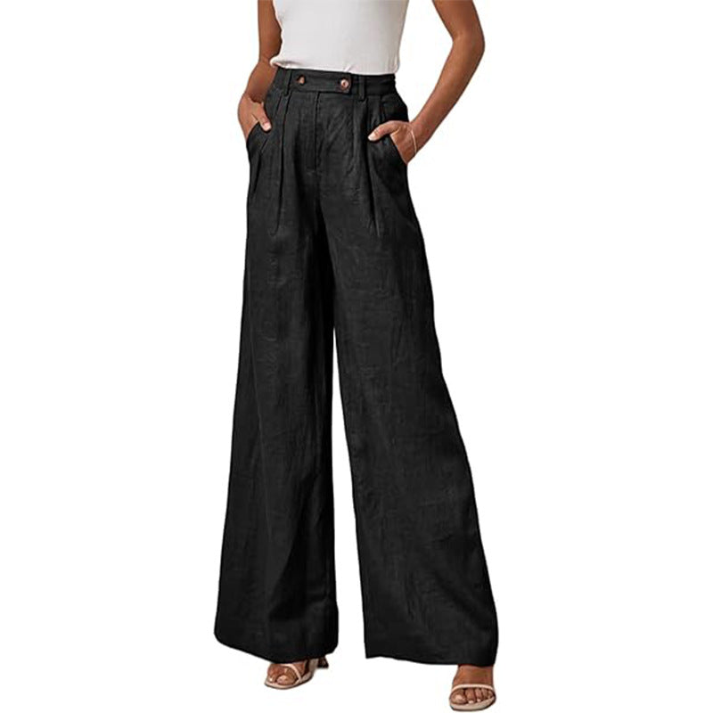 Damen elegante weite Leinenhose mit hohem Bund und Falten WW