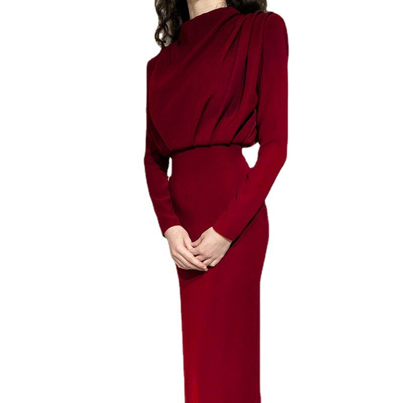 Damen elegantes Midi-Kleid mit hochgeschlossenem Design und Drapierungen WW