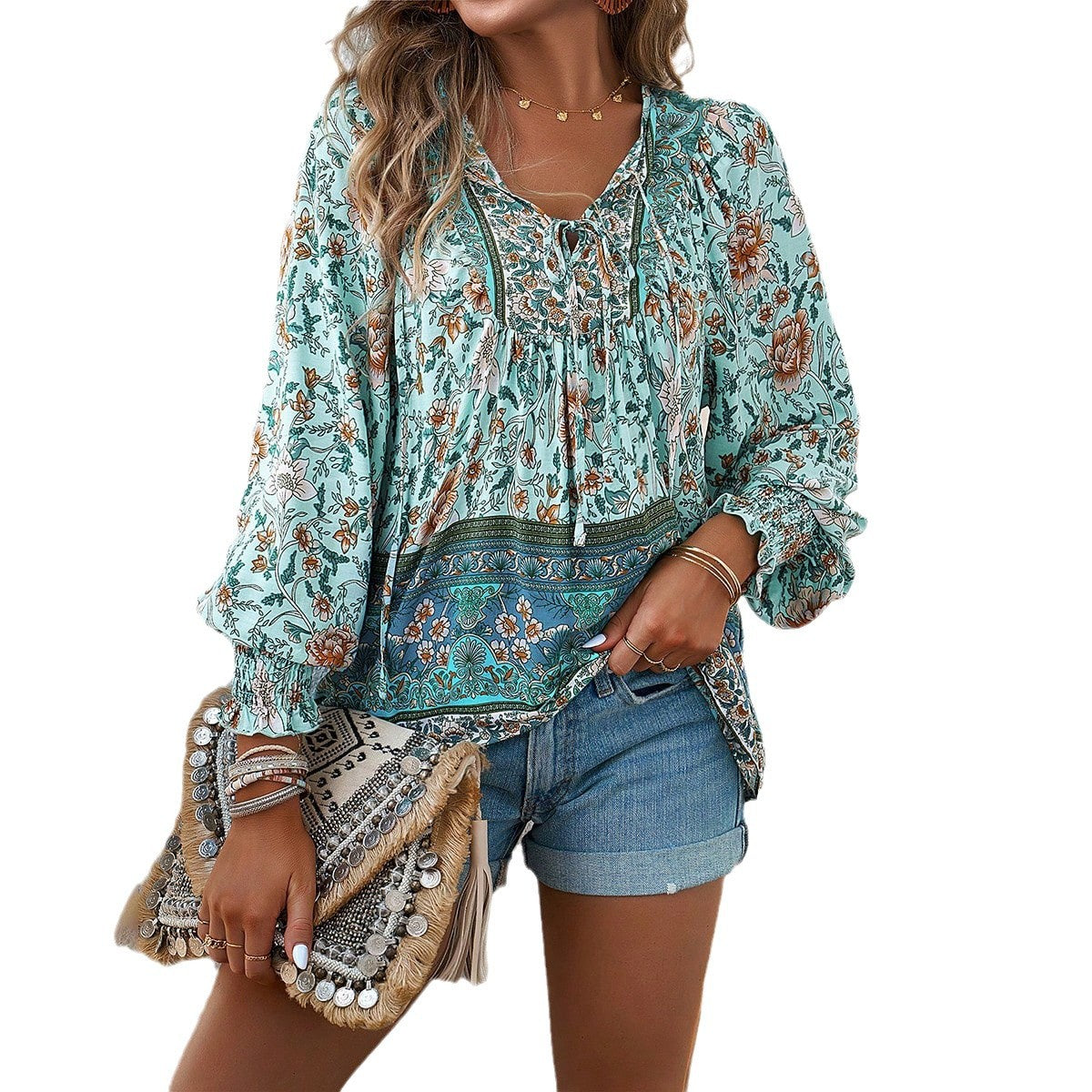 WW | Cotton Printed Drawstring Top with Long Sleeves