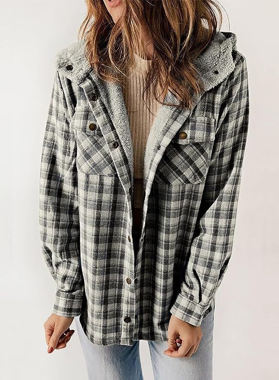 WW | Women's Wool Jacket – Relaxed Fit – Fluffy Lined Hood – Plaid – Button Closure Layers