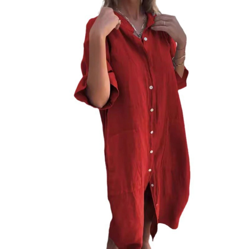 WW | Loose Casual Cotton-Linen Shirt Dress with Half Sleeves