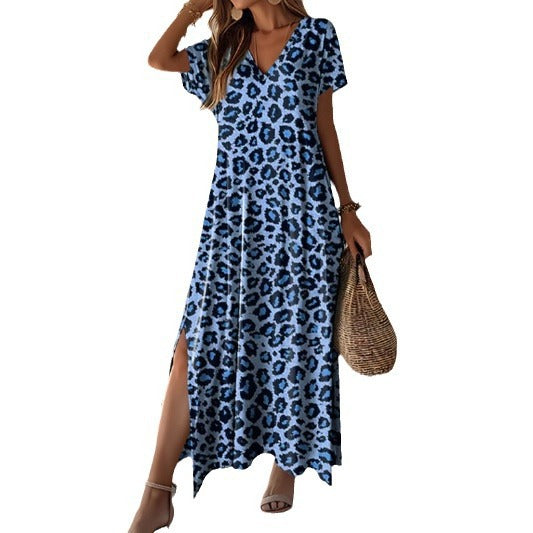 Damen Maxikleid mit modernem Leopardenmuster und seitlichen Schlitzen WW