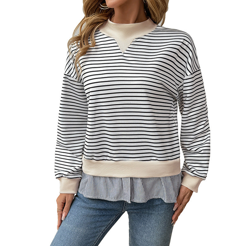 Damen gestreifter Sweatshirt mit Layering-Effekt und Rundhalsausschnitt WW