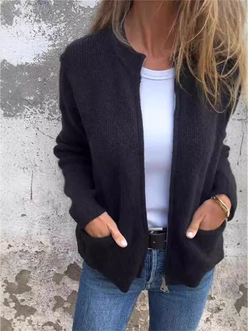 WW | Reißverschlussjacke Gerippt Lockere Passform Stehkragen Lässige Taschen