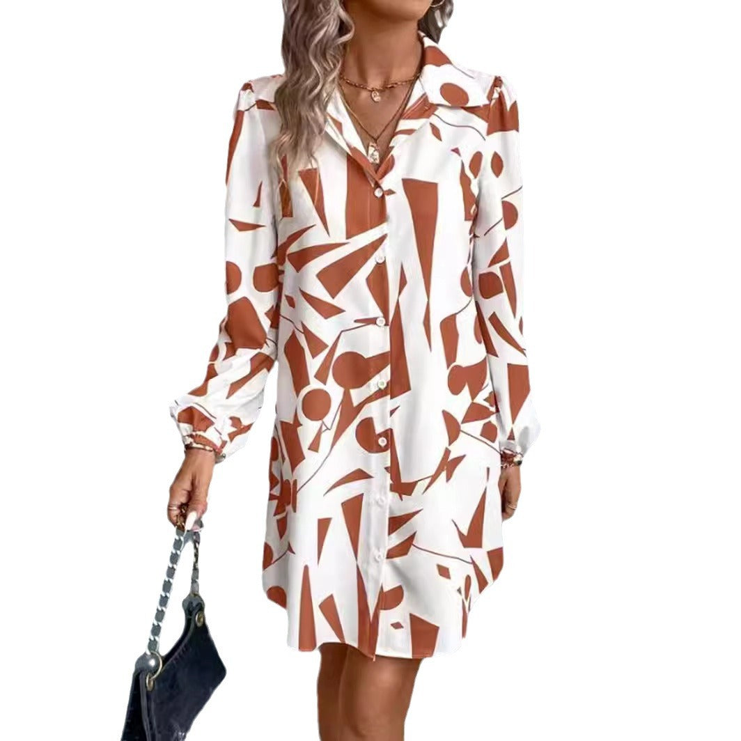 Damen Hemdblusen-Kleid mit modernem geometrischem Druck und praktischen Knopfdetails WW