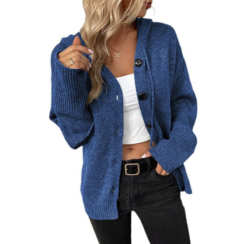 Damen elegante Strickjacke mit Kapuze und Knöpfen