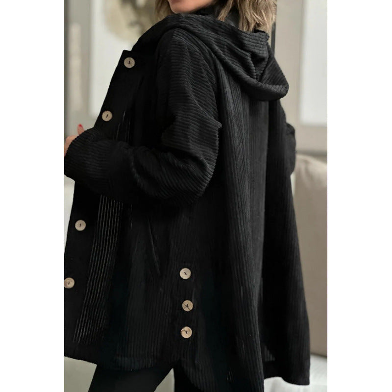WW | Hooded Jacket - Corduroy - Loose Fit - Mid-Length - Button Details