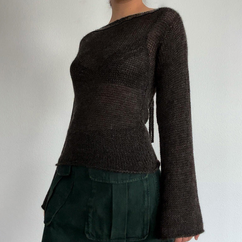 WW | Gestrickter Pullover mit Glockenärmeln und Spitze