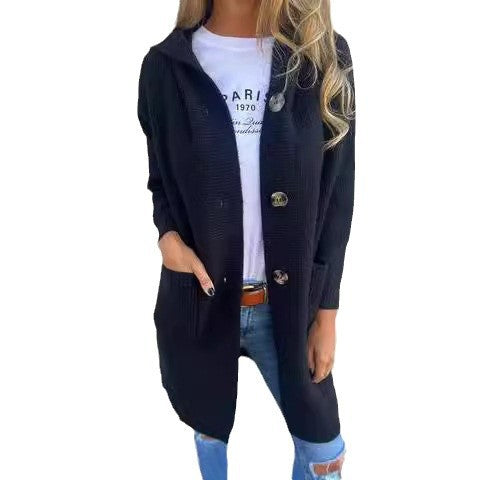 Damen Strickjacke mit Kapuze und Knöpfen WW