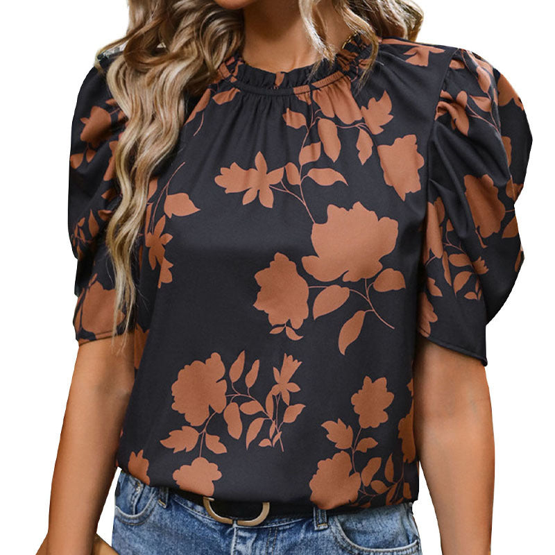 Women's Blouse with Puff Sleeves and Floral Pattern WW