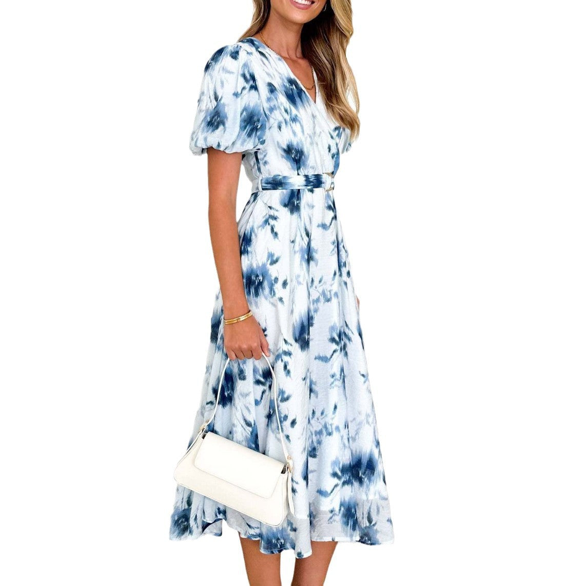 Women's midi dress with a fitted silhouette, voluminous sleeves, and an elegant wave pattern WW